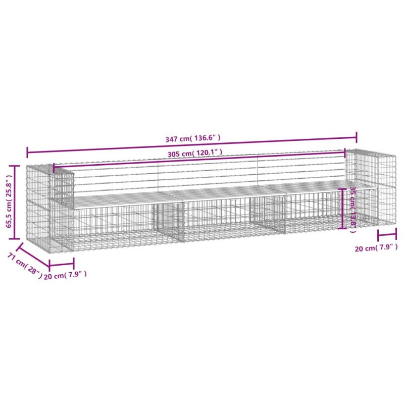 vidaXL Záhradná lavica gabiónový dizajn 347x71x65,5cm impreg. borovica