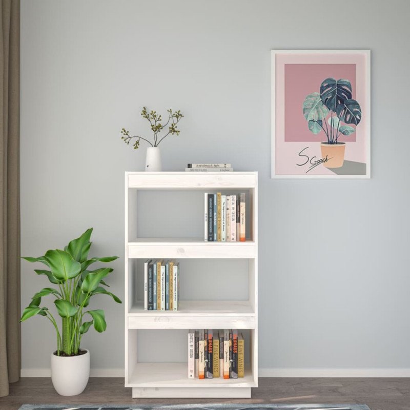 vidaXL Knižnica/deliaca stena biela 60x35x103 cm masívna borovica