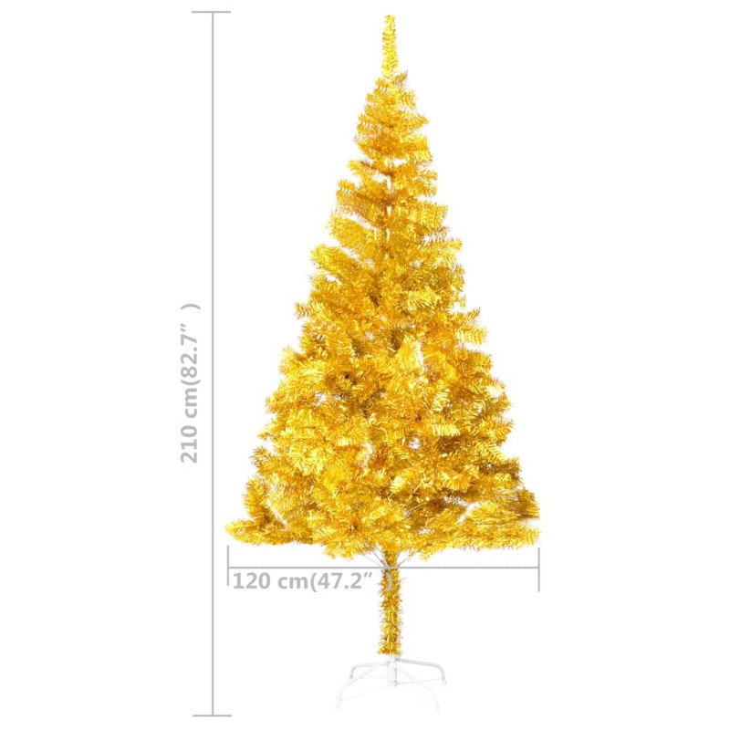 vidaXL Osvetlený umelý vianočný stromček s guľami, zlatý 210 cm, PET