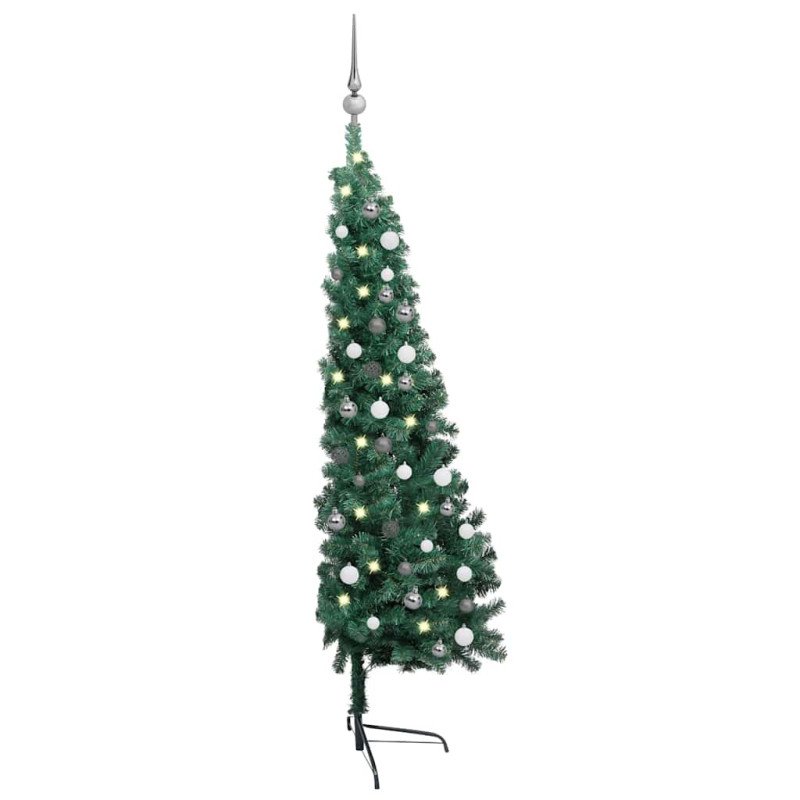 vidaXL Osvetlený umelý polovičný vianočný stromček+gule, zelený 210 cm