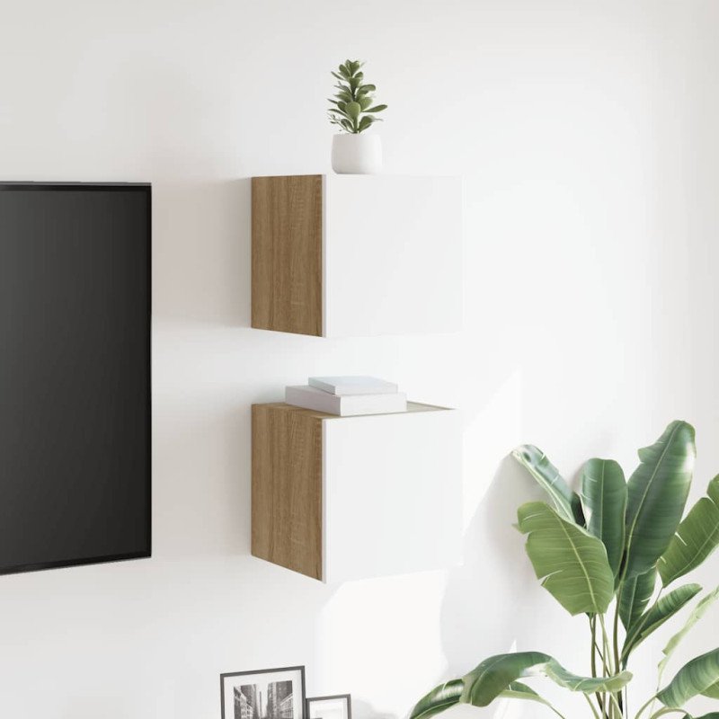 vidaXL Nástenné TV skrinky 2 ks biele a dub sonoma 30,5x30x30 cm