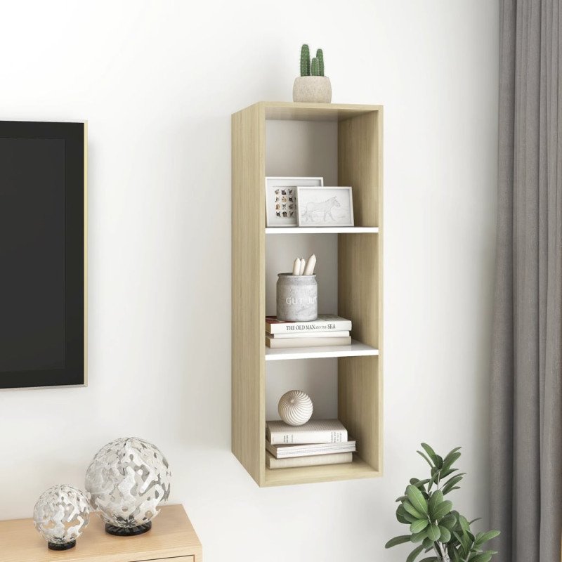 vidaXL Nástenná TV skrinka, biela+sonoma 37x37x107cm, kompozitné drevo
