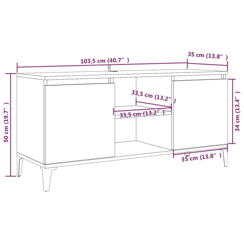 vidaXL TV stolík s kovovými nohami hnedý dub 103,5x35x50 cm