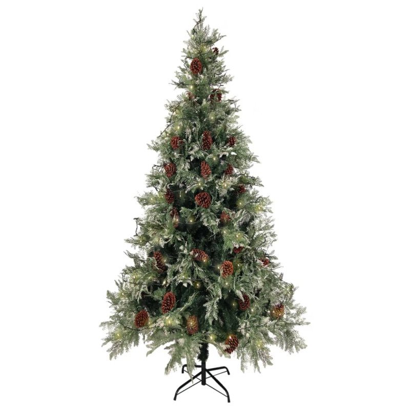 vidaXL Osvetlený vianočný stromček+šišky, zeleno biely 225cm, PVC a PE