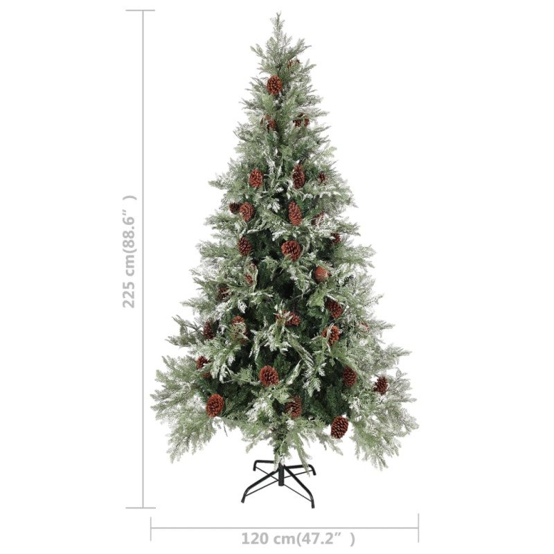 vidaXL Osvetlený vianočný stromček+šišky, zeleno biely 225cm, PVC a PE