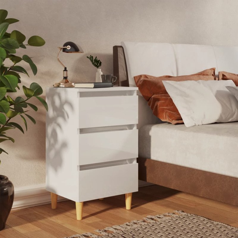 vidaXL Nočné stolíky 2 ks nohy z dreva lesklé biele 40x35x69 cm