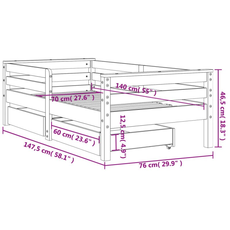 vidaXL Rám detskej postele so zásuvkami 70x140 cm masívna borovica