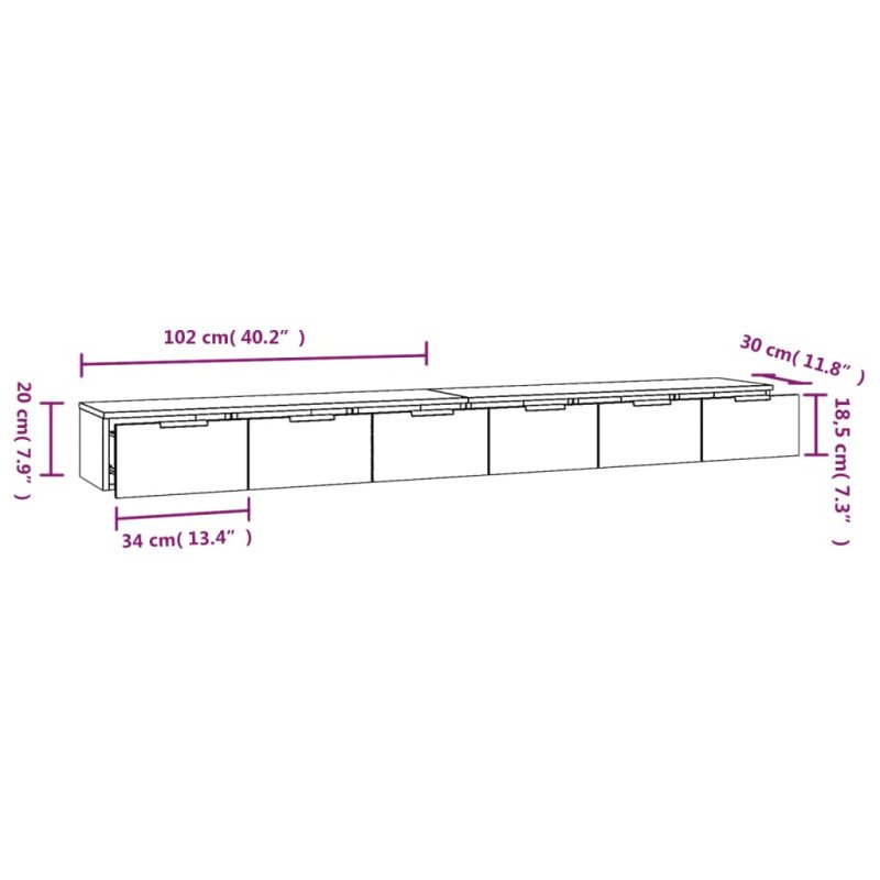 vidaXL Nástenné skrinky 2 ks čierne 102x30x20 cm spracované drevo