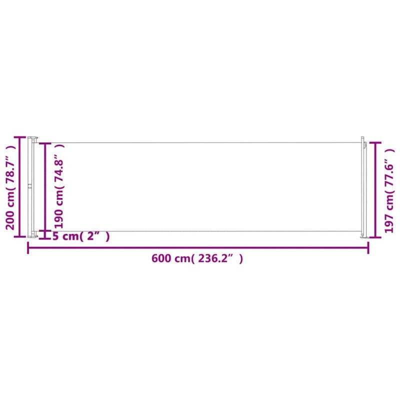 vidaXL Zaťahovacia bočná markíza na terasu 200x600 cm hnedá