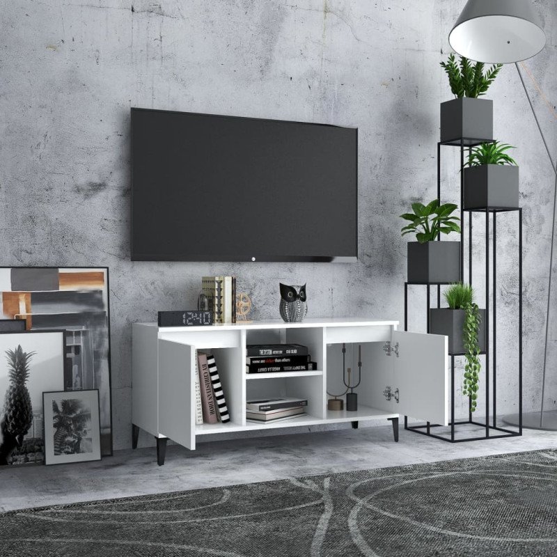 vidaXL TV stolík kovové nohy biely 103,5x35x50 cm