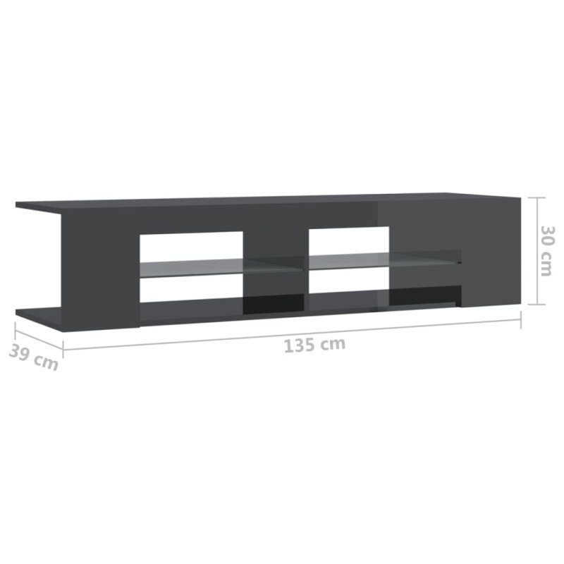 vidaXL TV skrinka s LED svetlami lesklá sivá 135x39x30 cm