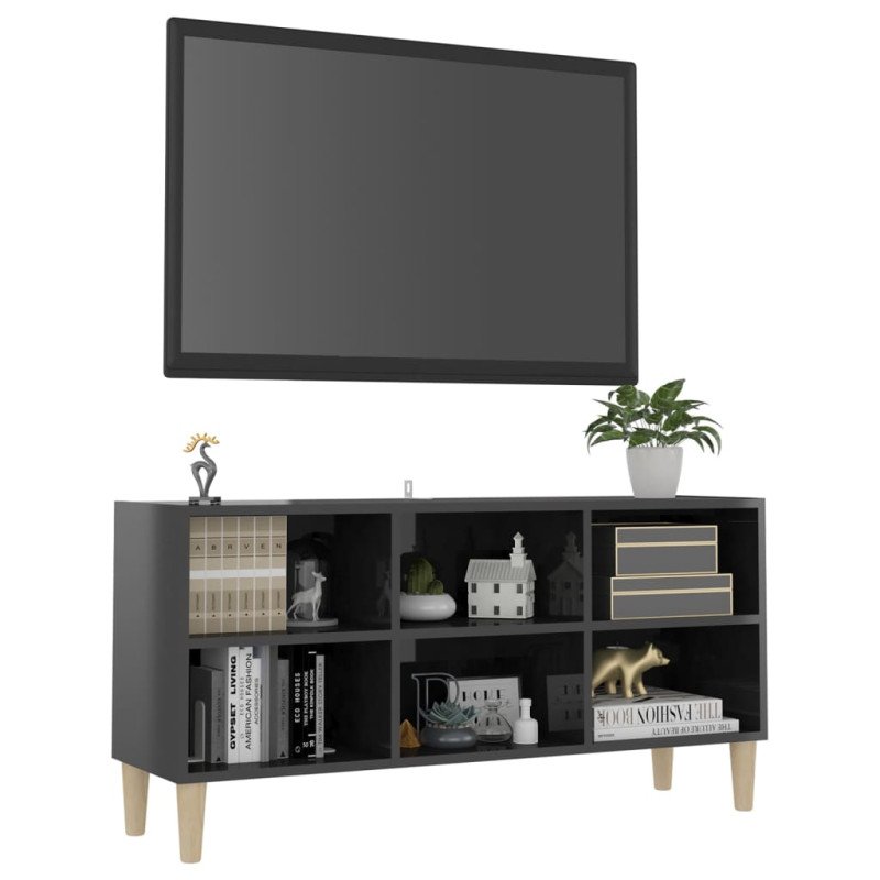 vidaXL TV stolík nohy z masívneho dreva lesklý sivý 103,5x30x50 cm