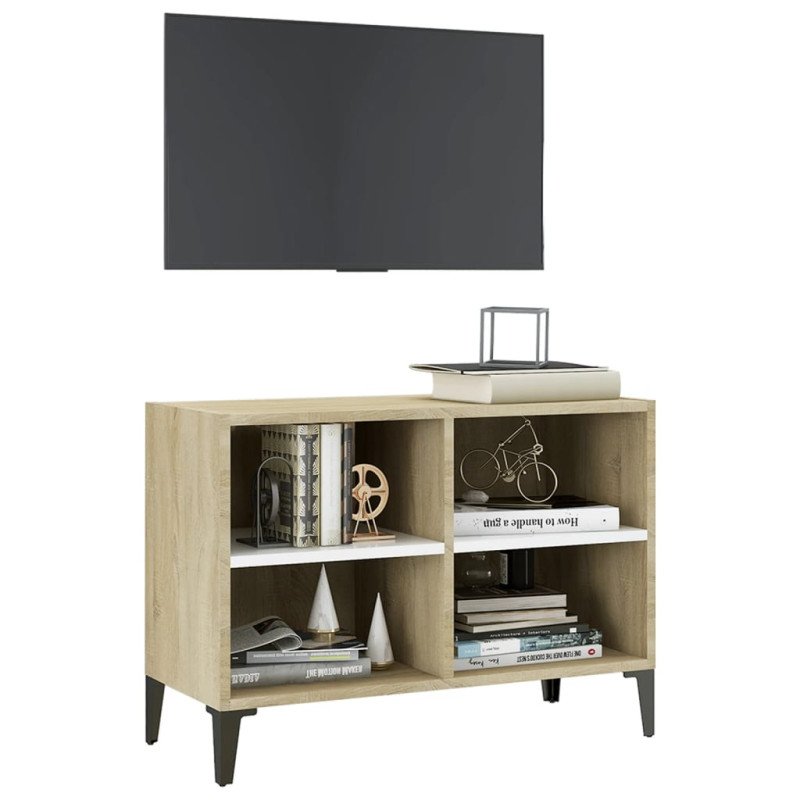 vidaXL TV stolík nohy z kovu biely a dub sonoma 69,5x30x50 cm
