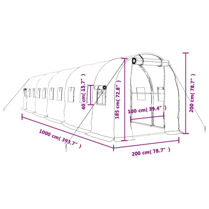 vidaXL Fóliovník s oceľovým rámom biely 20 m² 10x2x2 m