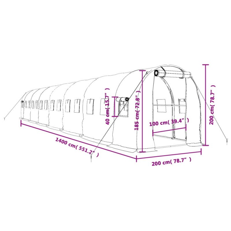 vidaXL Fóliovník s oceľovým rámom biely 28 m² 14x2x2 m