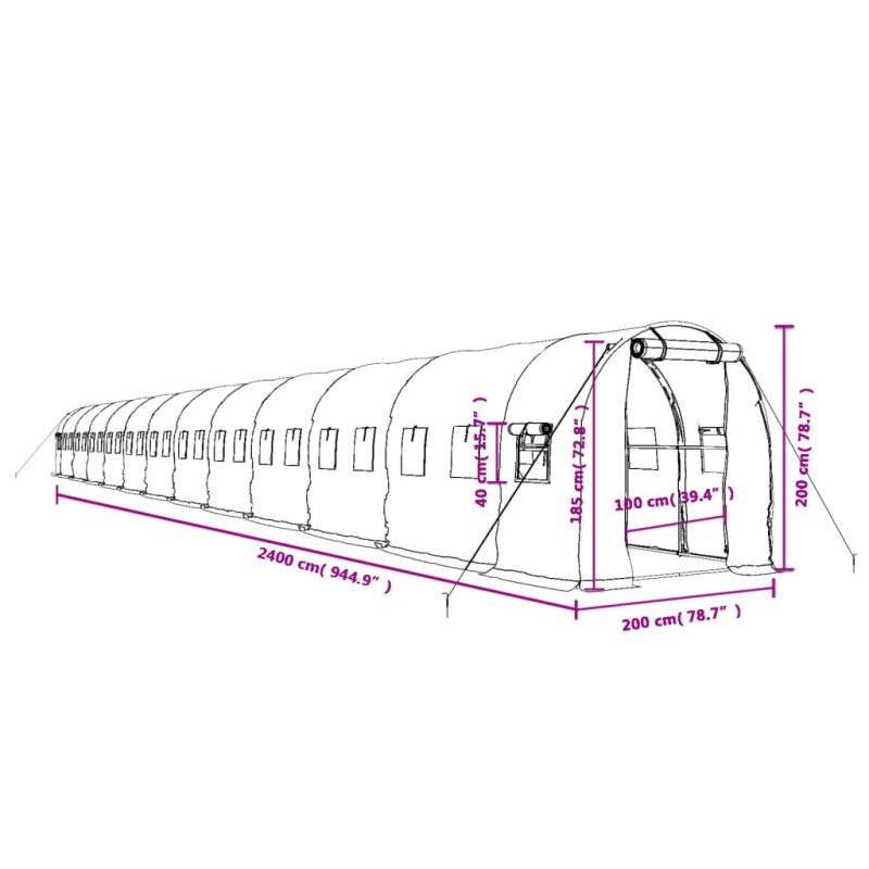 vidaXL Fóliovník s oceľovým rámom biely 48 m² 24x2x2 m