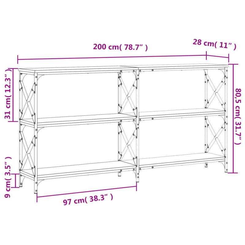 vidaXL Konzolový stolík sivý sonoma 200x28x80,5 cm kompozitné drevo