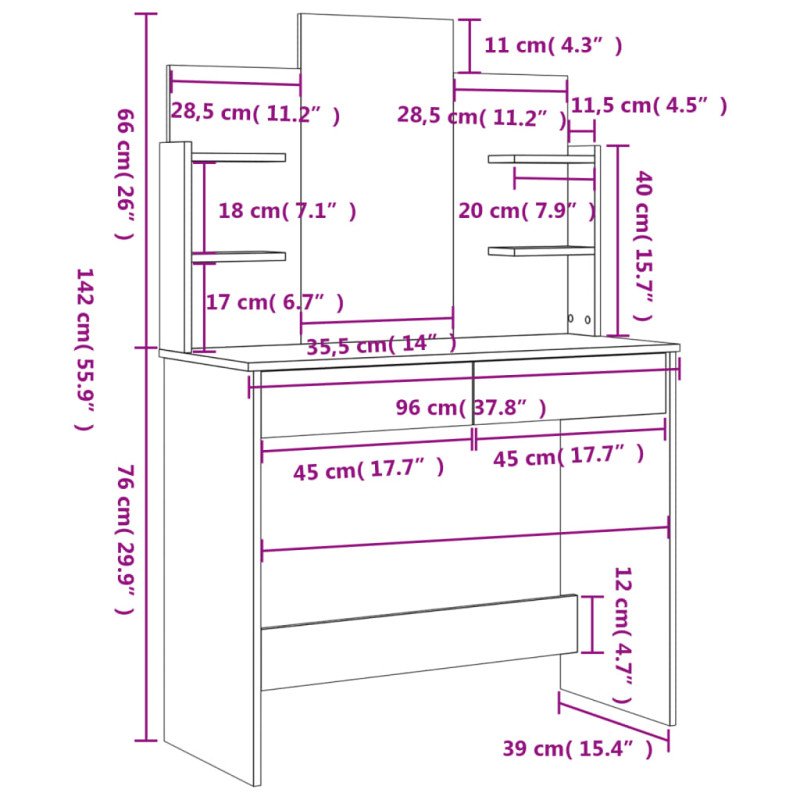 vidaXL Toaletný stolík so zrkadlom dymový dub 96x39x142 cm
