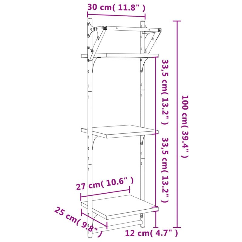 vidaXL 3-poschodové nástenné police s tyčami 2 ks čierne 30x25x100 cm