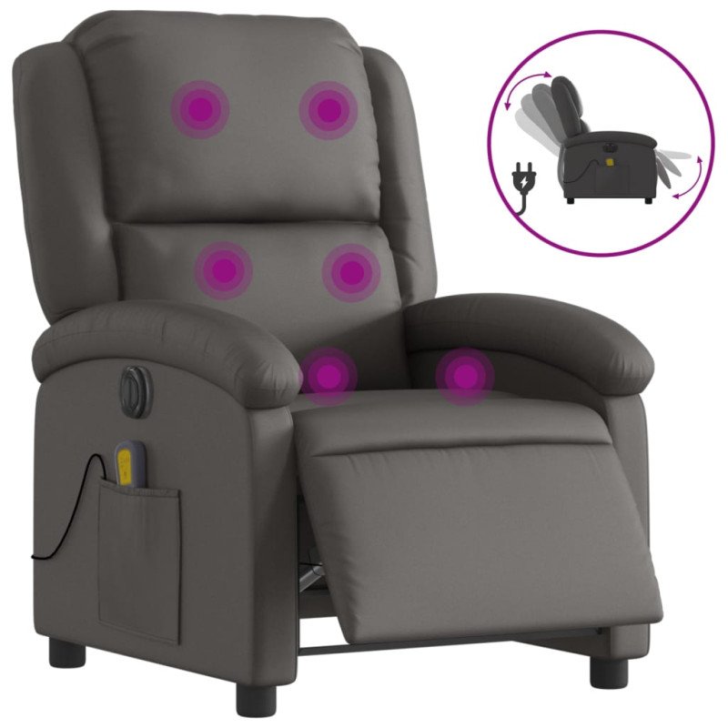 vidaXL Elektrické masážne sklápacie kreslo sivé pravá koža