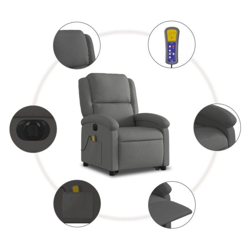 vidaXL Elektrické zdvíhacie masážne sklápacie kreslo sivé pravá koža