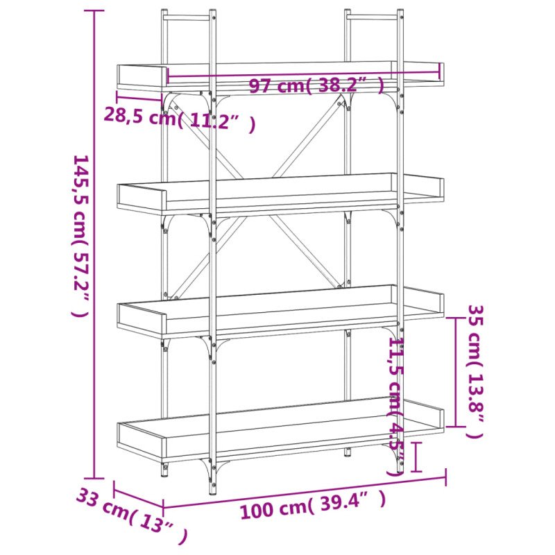 vidaXL Knižnica 4 police sivá sonoma 100x33x145,5 cm kompozitné drevo