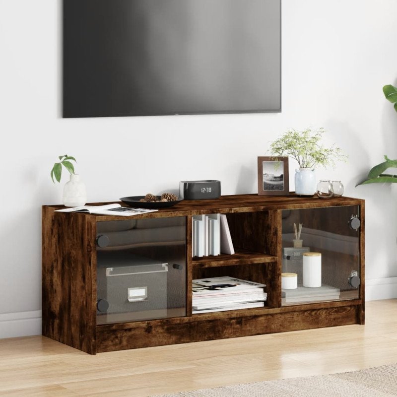 vidaXL TV skrinka so sklenenými dvierkami dymový dub 102x37x42 cm