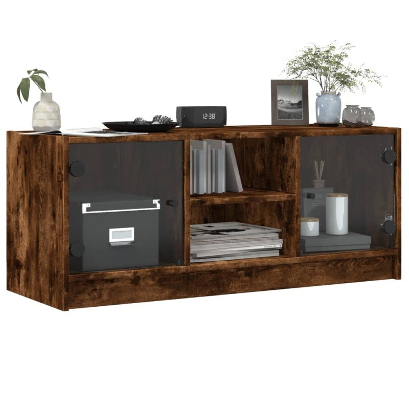 vidaXL TV skrinka so sklenenými dvierkami dymový dub 102x37x42 cm