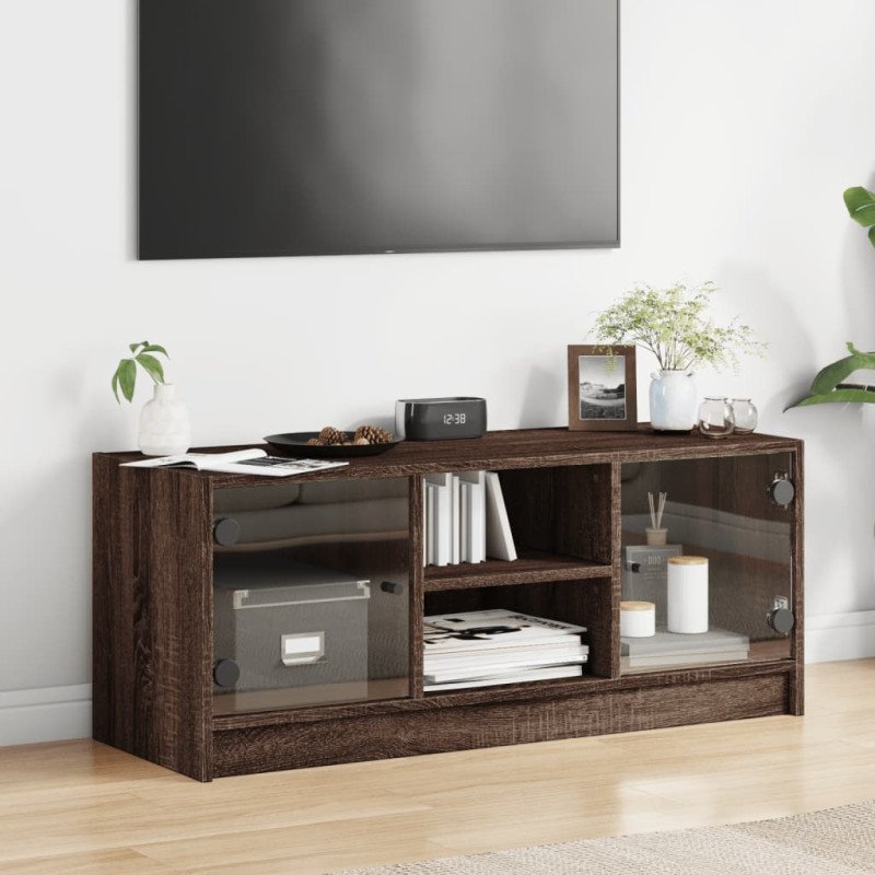 vidaXL TV skrinka so sklenenými dvierkami hnedý dub 102x37x42 cm