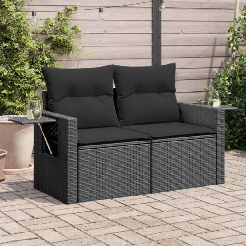vidaXL Záhradná pohovka s vankúšmi 2-miestna čierna polyrattan