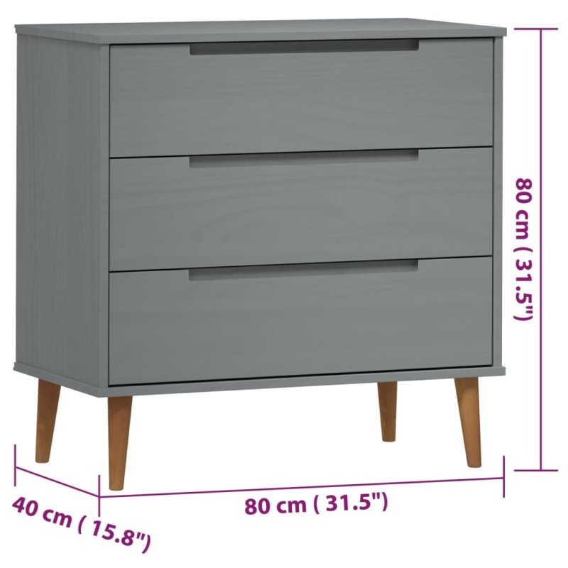 vidaXL Skrinka so zásuvkami MOLDE, sivá 80x40x80 cm, borovicový masív