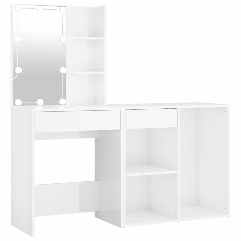 vidaXL Toaletný stolík s LED a skrinkou lesklý biely spracované drevo