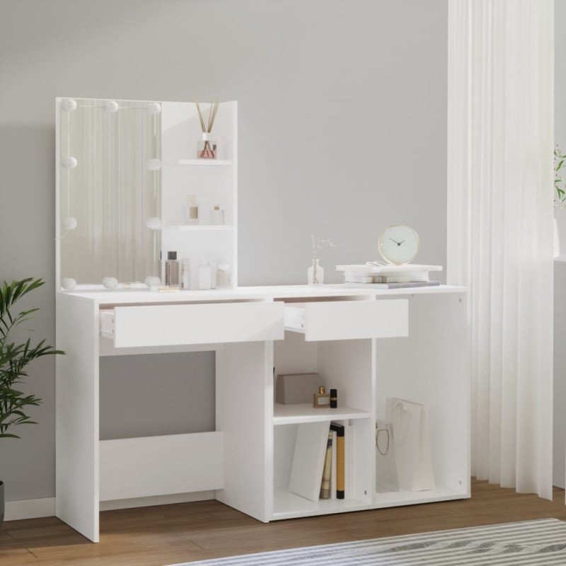 vidaXL Toaletný stolík s LED a skrinkou lesklý biely spracované drevo
