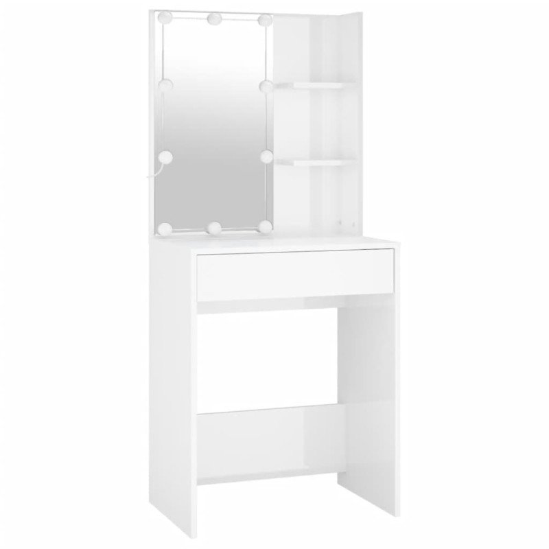 vidaXL Toaletný stolík s LED a skrinkou lesklý biely spracované drevo