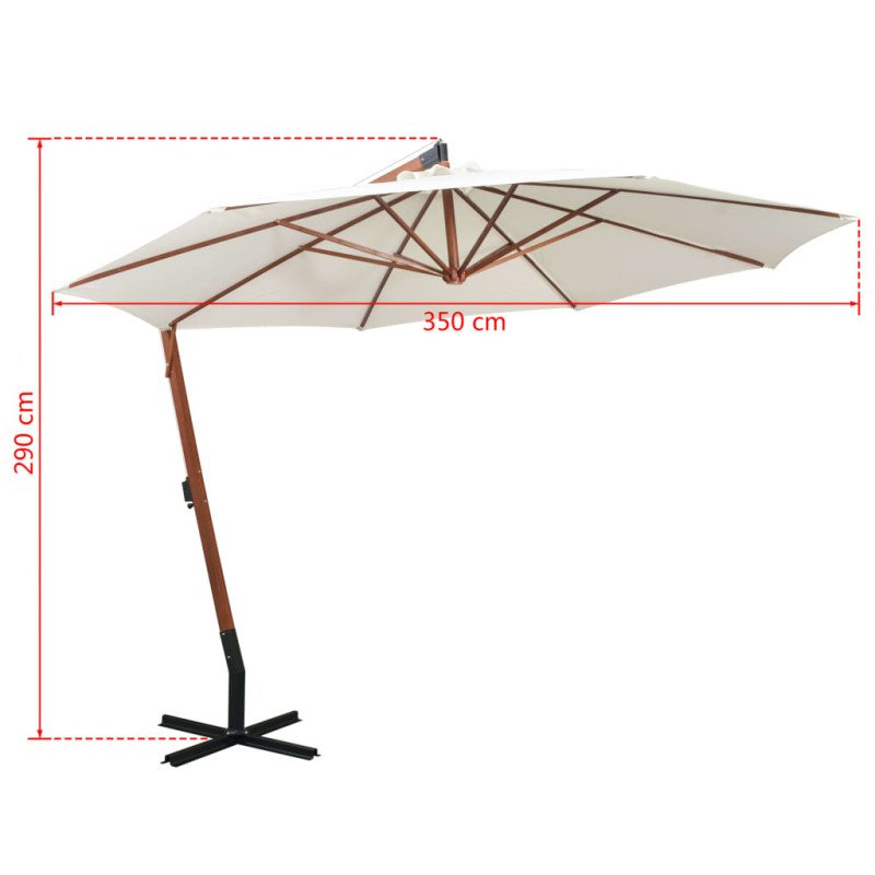 vidaXL Visiaci slnečník 350 cm, drevená tyč, biely
