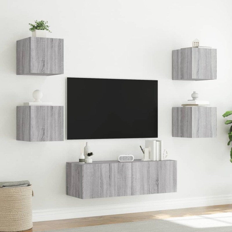 vidaXL 5-dielne TV nástenné skrinky s LED svetlami sivý dub sonoma