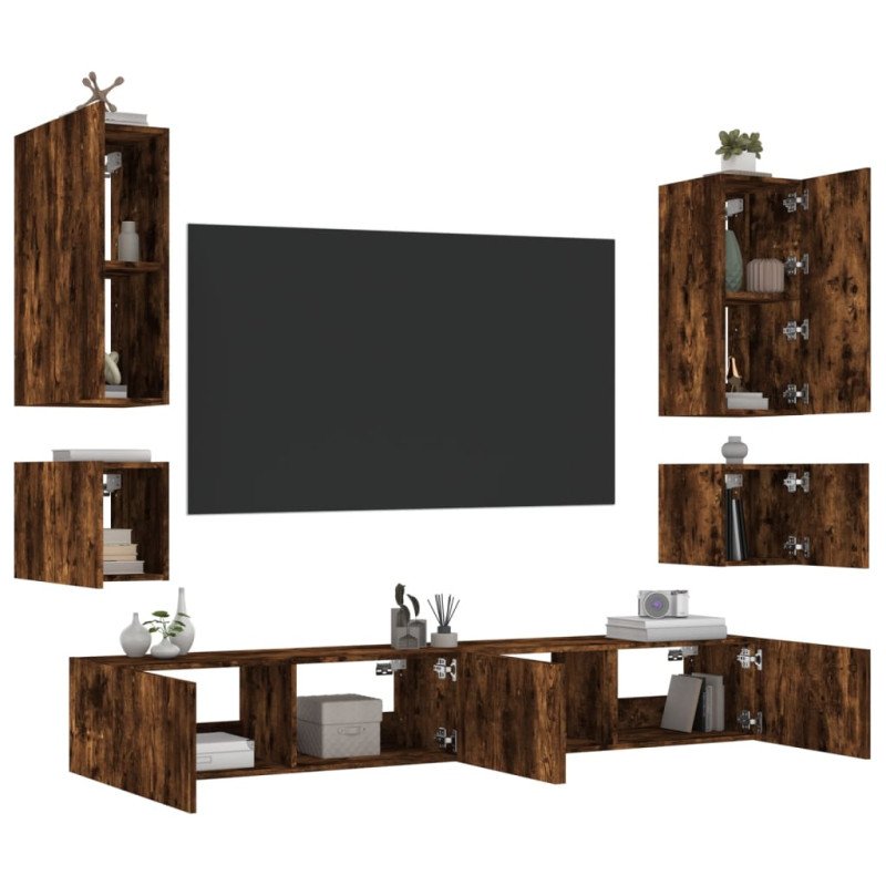 vidaXL 6-dielne TV nástenné skrinky s LED svetlami dymový dub