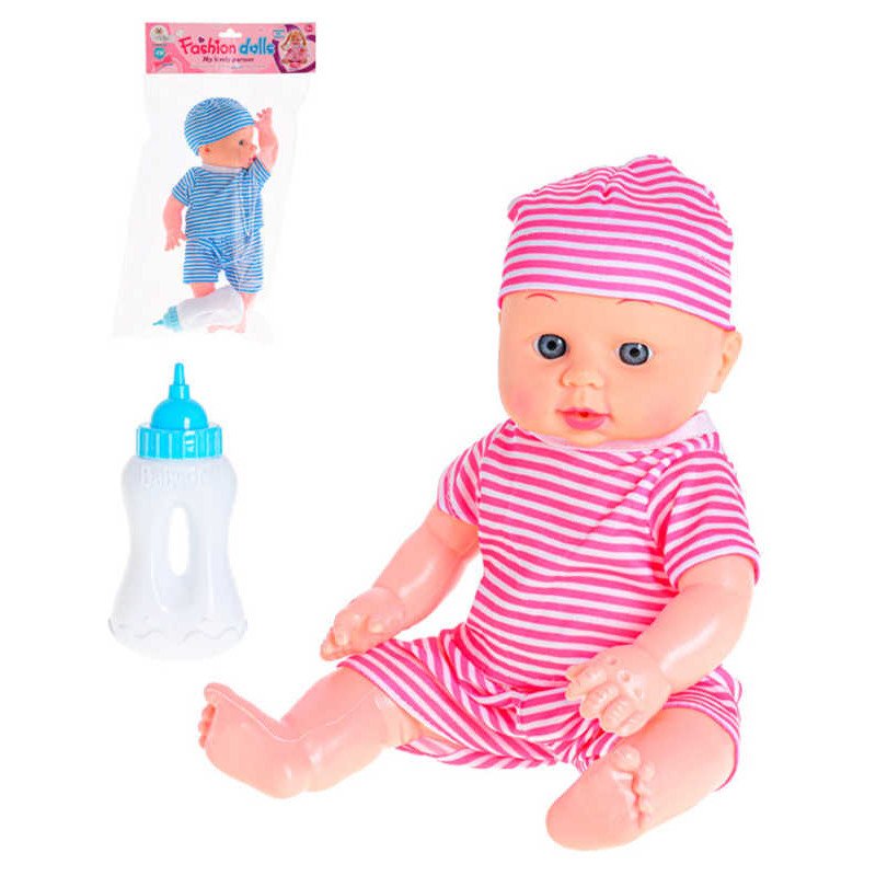Panenka miminko 29cm pruhovaný obleček pije čůrá set s lahvičkou 2 barvy