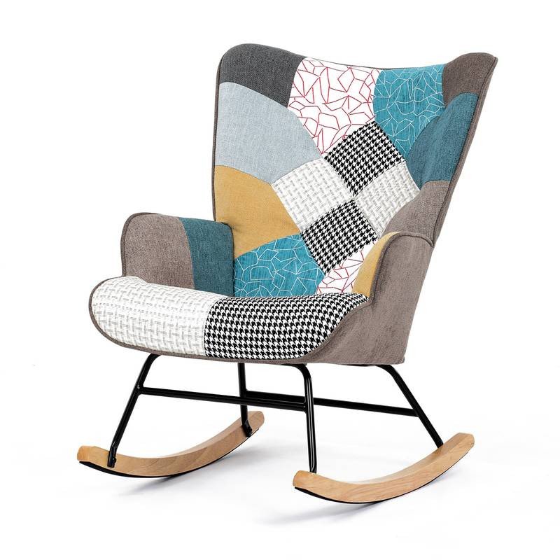 Autronic - Křeslo houpací, potah patchwork látka, dřevěné nohy, masiv kaučukovník - AK-374 PW2 AKCE