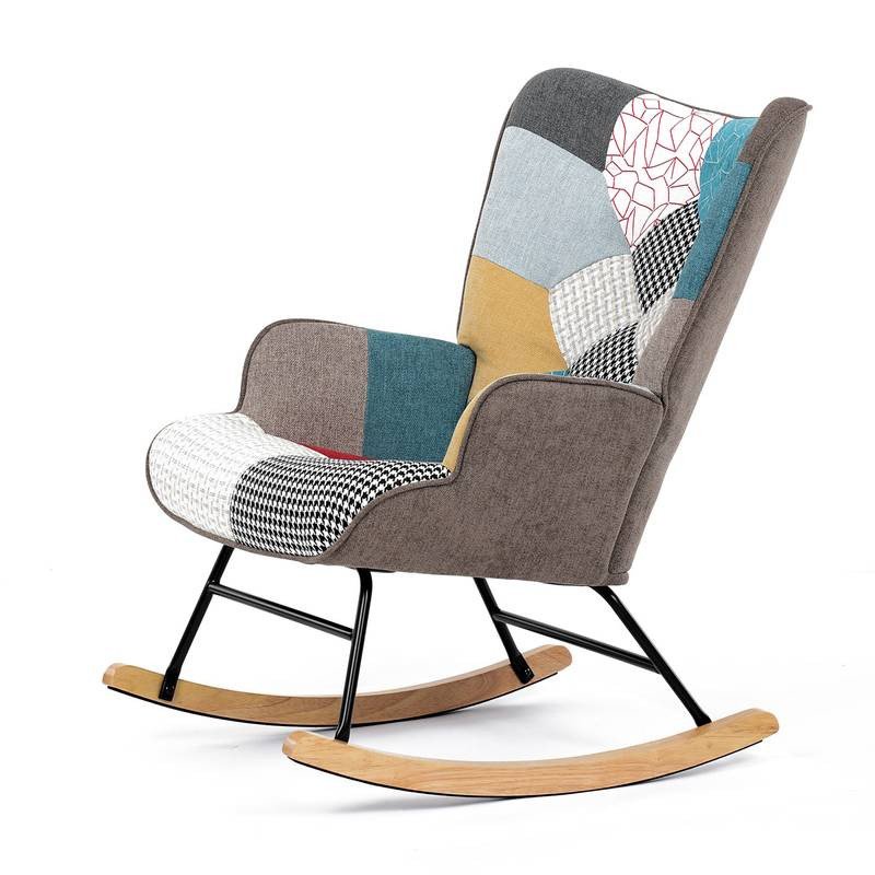 Autronic - Křeslo houpací, potah patchwork látka, dřevěné nohy, masiv kaučukovník - AK-374 PW2 AKCE