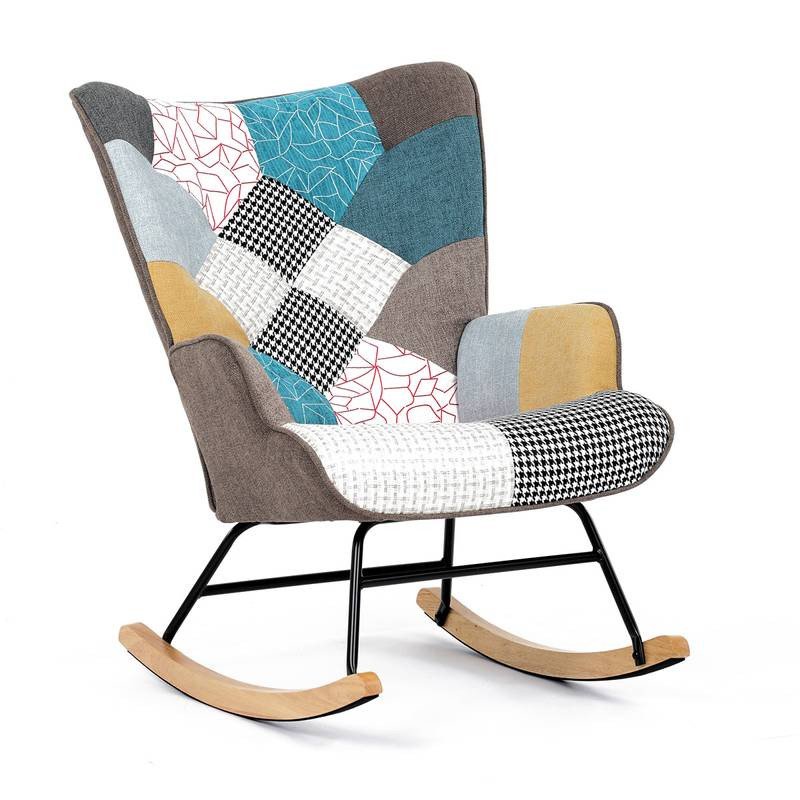 Autronic - Křeslo houpací, potah patchwork látka, dřevěné nohy, masiv kaučukovník - AK-374 PW2 AKCE
