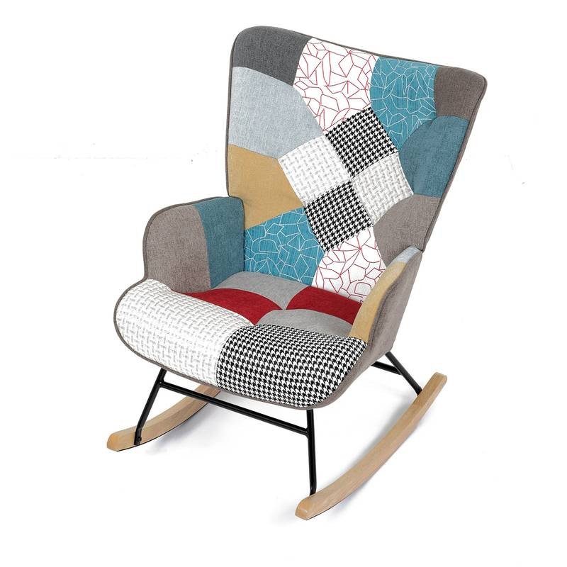 Autronic - Křeslo houpací, potah patchwork látka, dřevěné nohy, masiv kaučukovník - AK-374 PW2 AKCE