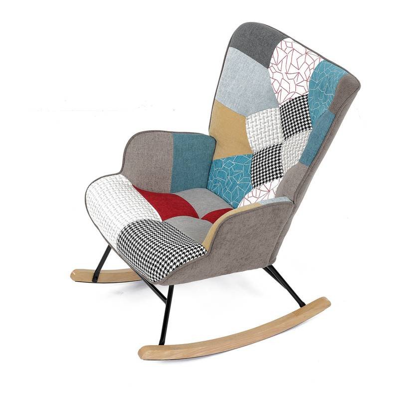 Autronic - Křeslo houpací, potah patchwork látka, dřevěné nohy, masiv kaučukovník - AK-374 PW2 AKCE