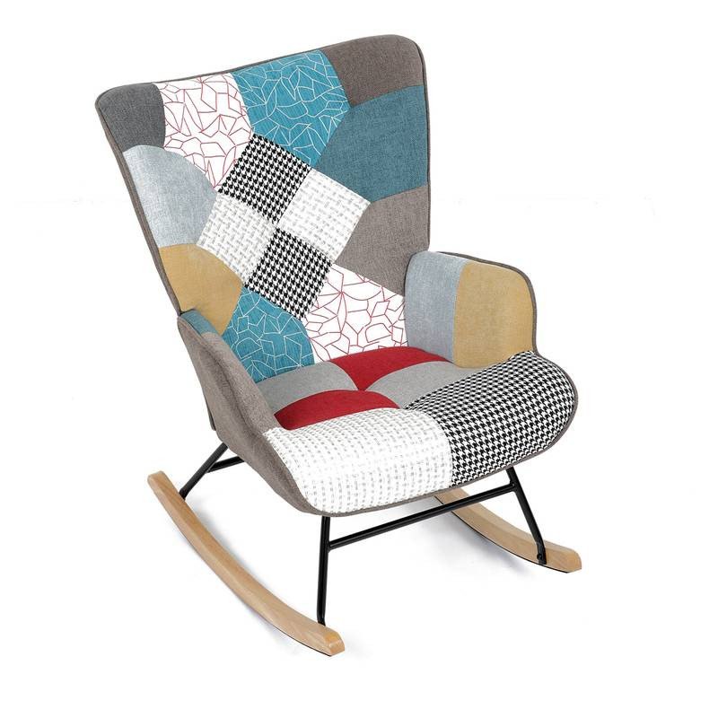 Autronic - Křeslo houpací, potah patchwork látka, dřevěné nohy, masiv kaučukovník - AK-374 PW2 AKCE