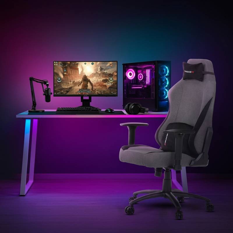 Autronic - Herní křeslo, šedá látka, houpací mechanismus, polohování opěradla 90°-180°, 3D područky, polštáře z p