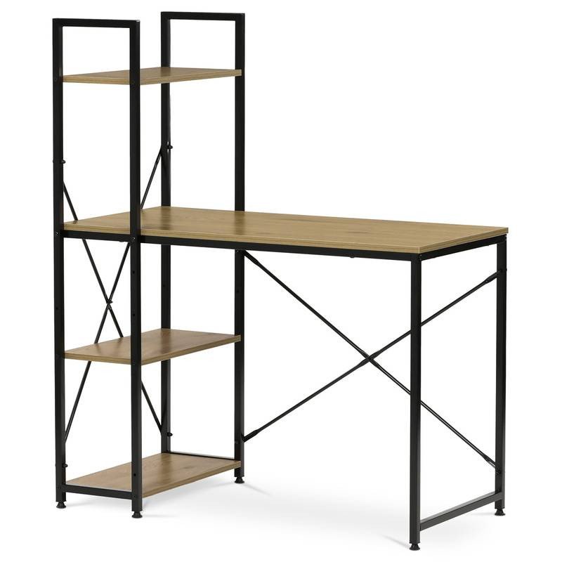 Autronic - Stůl pracovní s regálem, MDF, dekor dub, černý kov - GD-512 OAK AKCE NOVINKA