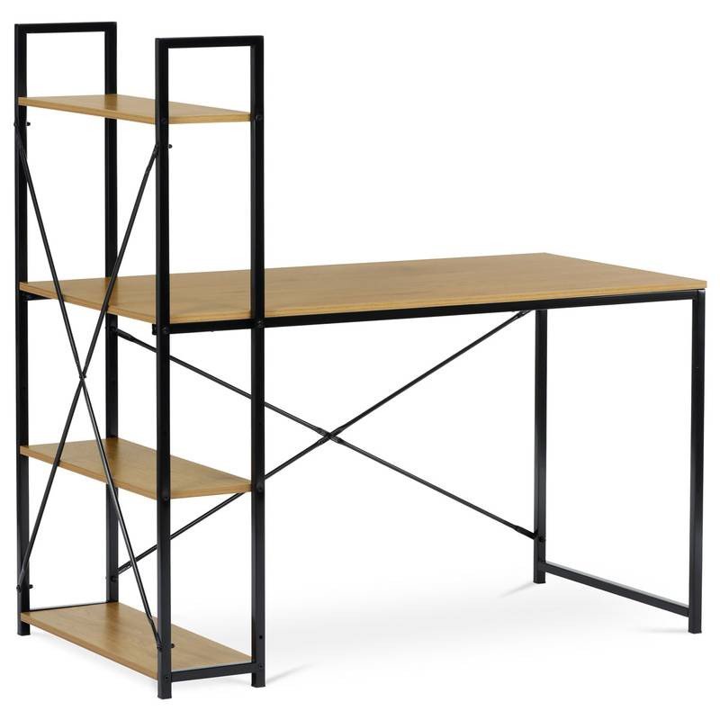 Autronic - Stůl pracovní s regálem, MDF, dekor dub, černý kov - GD-520 OAK