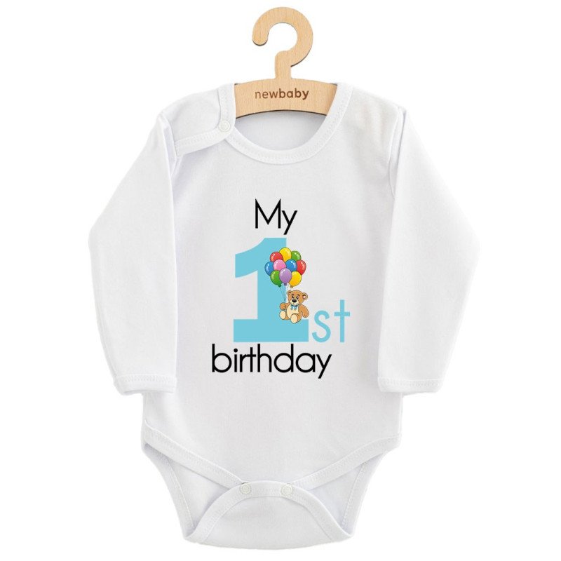 Detské body s potlačou New Baby My first birthday blue