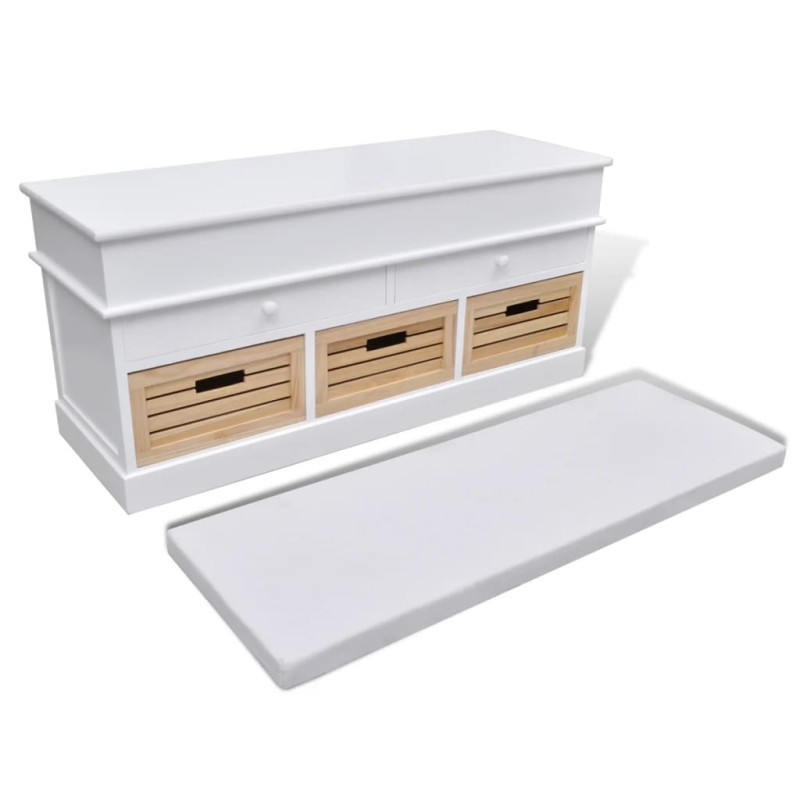 Biela skladovacia lavica s vankúšom 2 zásuvky 3 krabice 