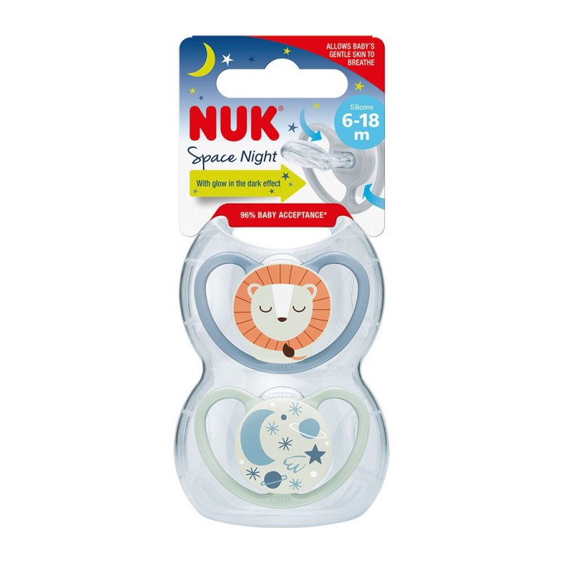 Dojčenský cumlík NUK Space Nights 6-18m 2ks/BOX chlapec